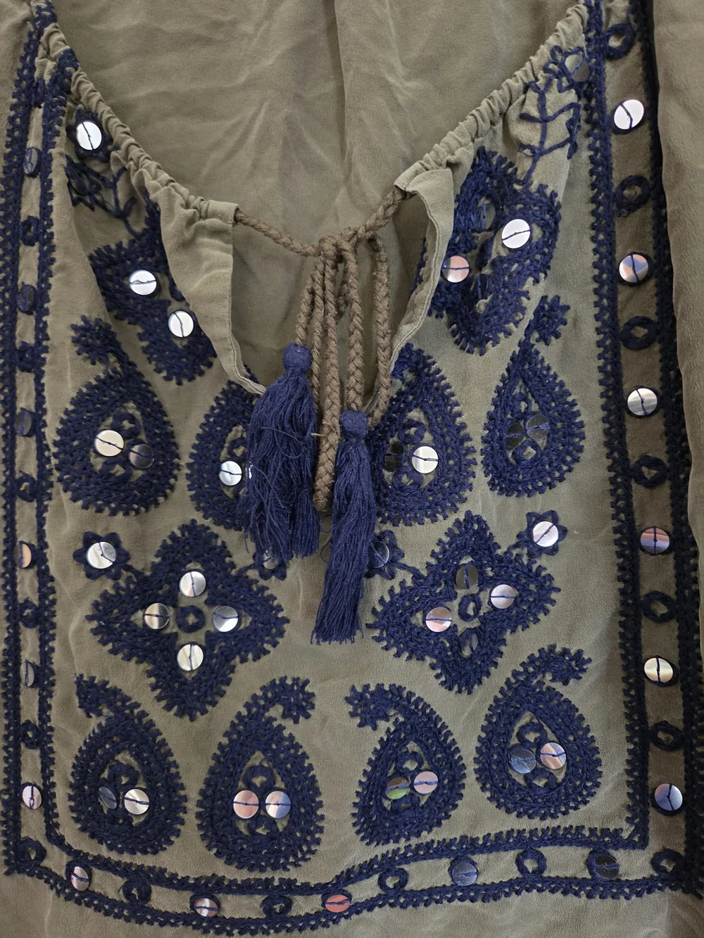 Tory Burch Dark Green Olive Camille Top with Navy Embroidery and Mirror Accents